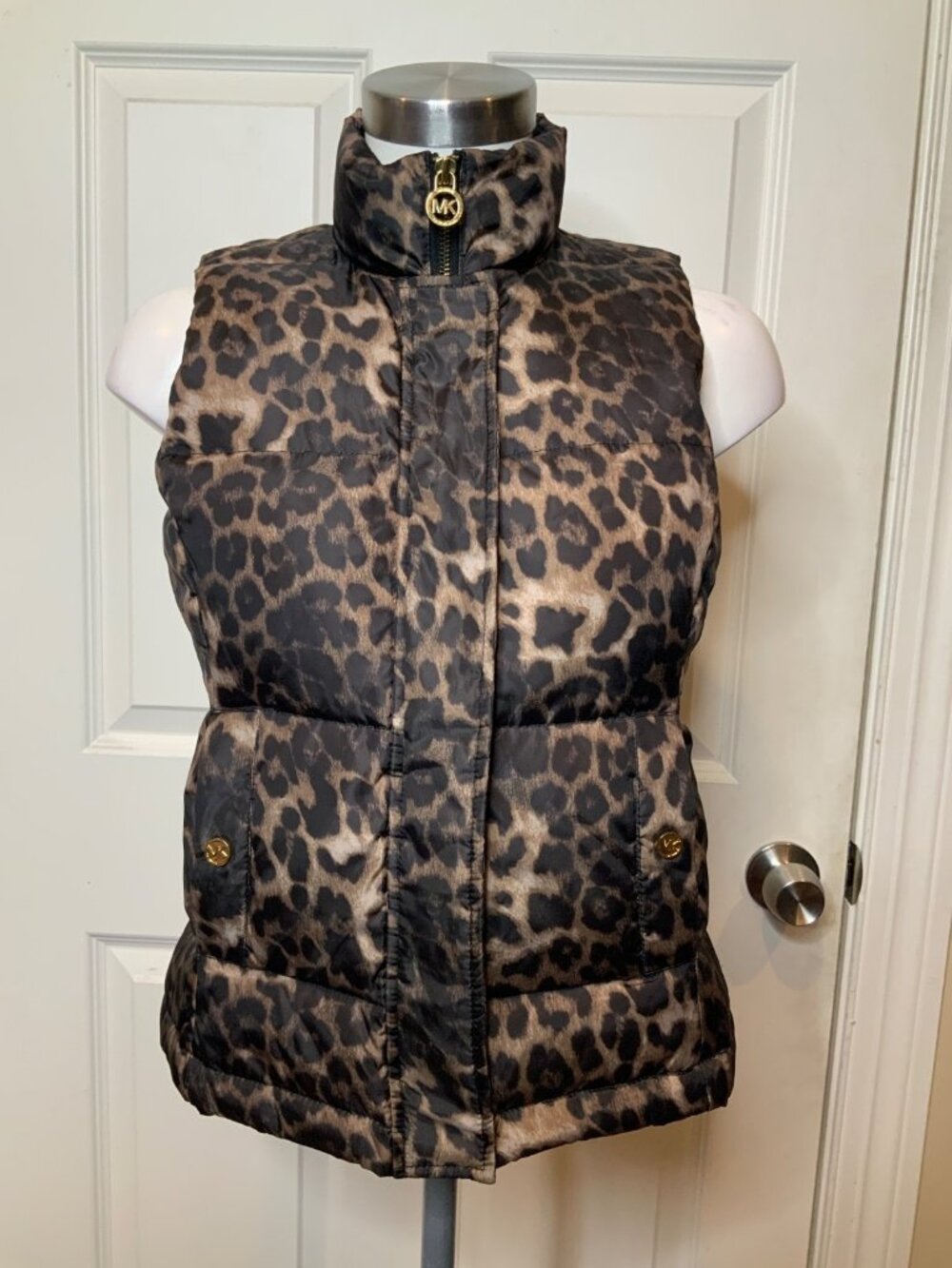 Michael Kors Brown Leopard Print Down Puffer Vest, Size S